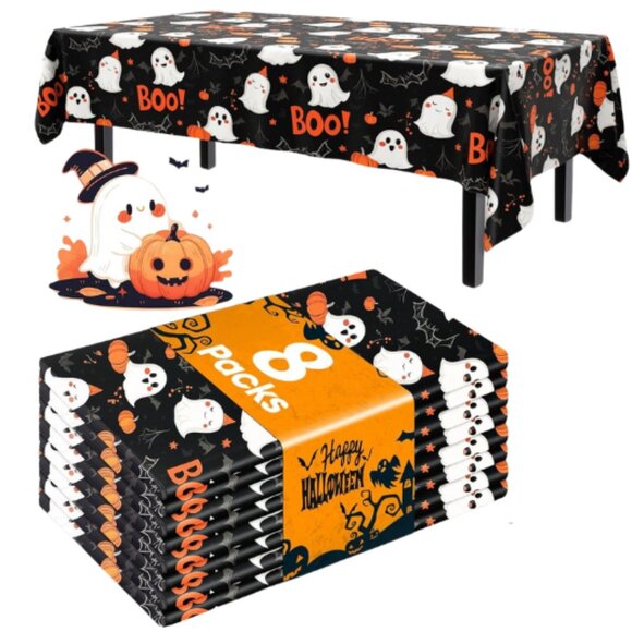 8-Pack Black Plastic Halloween Tablecloths | 54" x 108" Disposable Rectangle - Picture 1 of 6